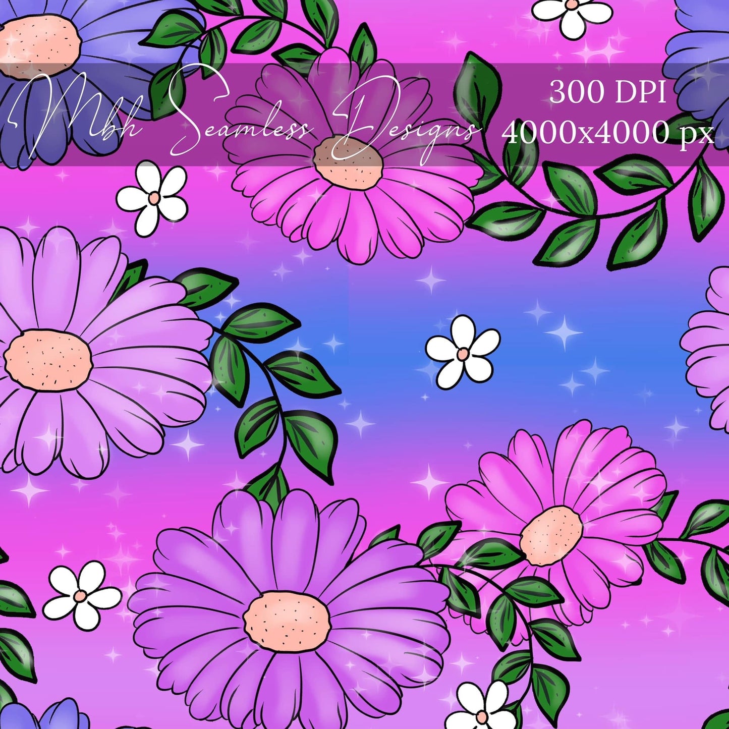 Gradient Starry Summer Floral Seamless Pattern