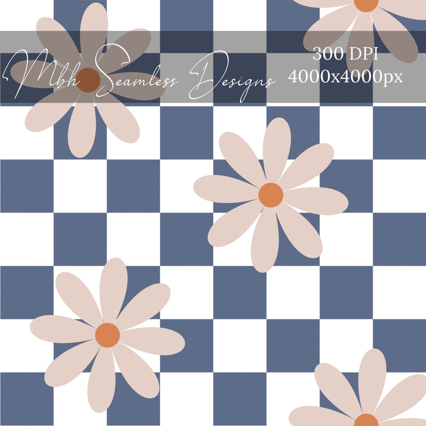 Blue Checkered Daisies Seamless Pattern