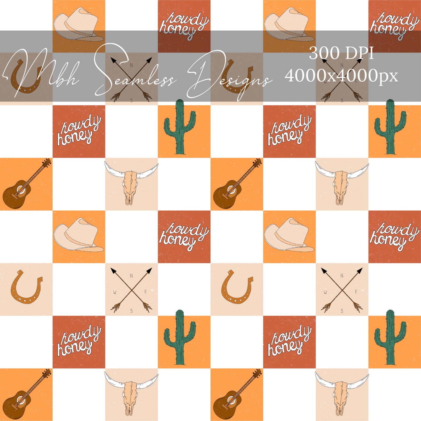 Western Checkered Howdy Honey Seamless Pattern