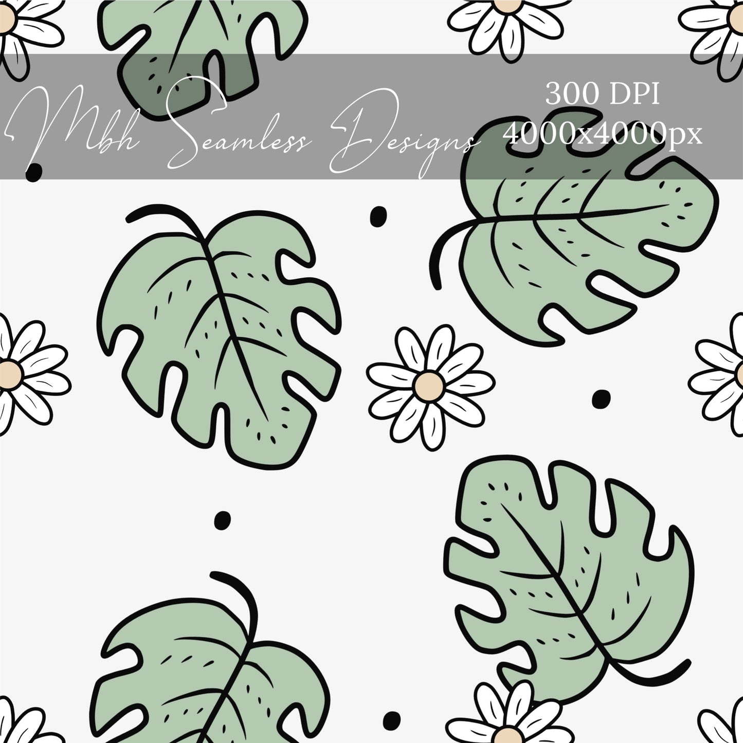Boho Monstera Daisies Seamless Pattern