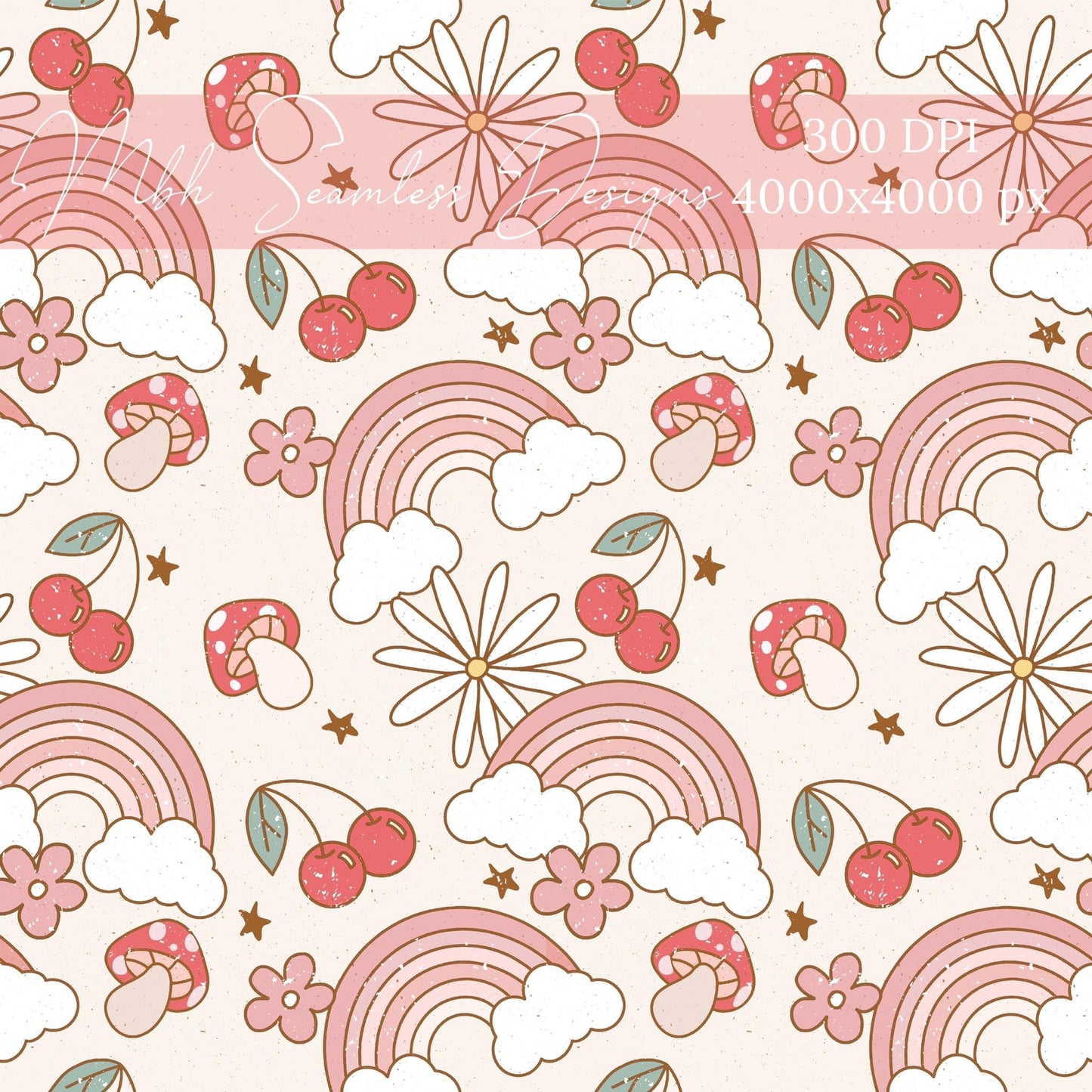 Distressed Retro Cherry Rainbows Seamless Pattern