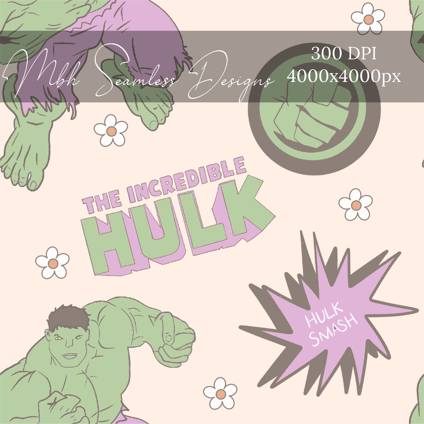 Boho Pink Hulk Daisies Superhero Seamless Pattern