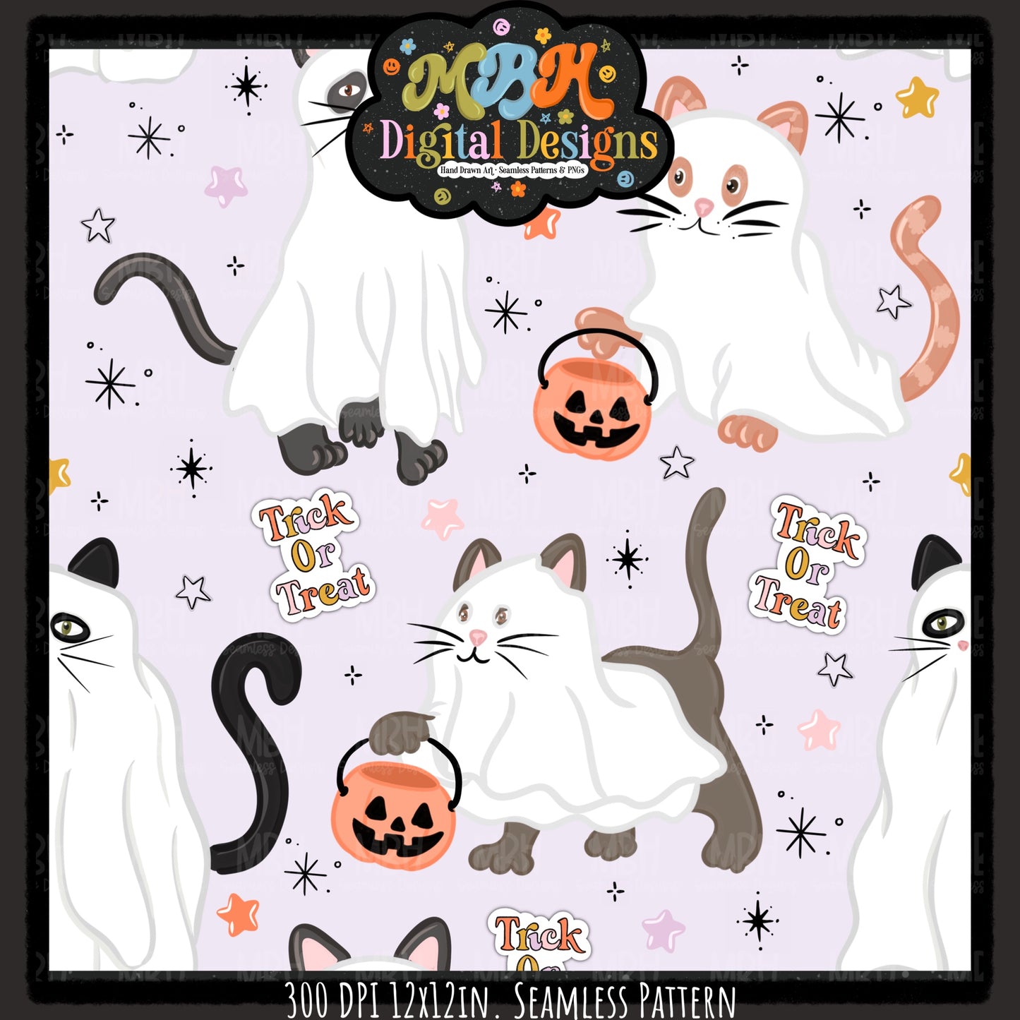Starry Cat Ghosts Seamless Pattern // MULTIPLE COLORWAYS