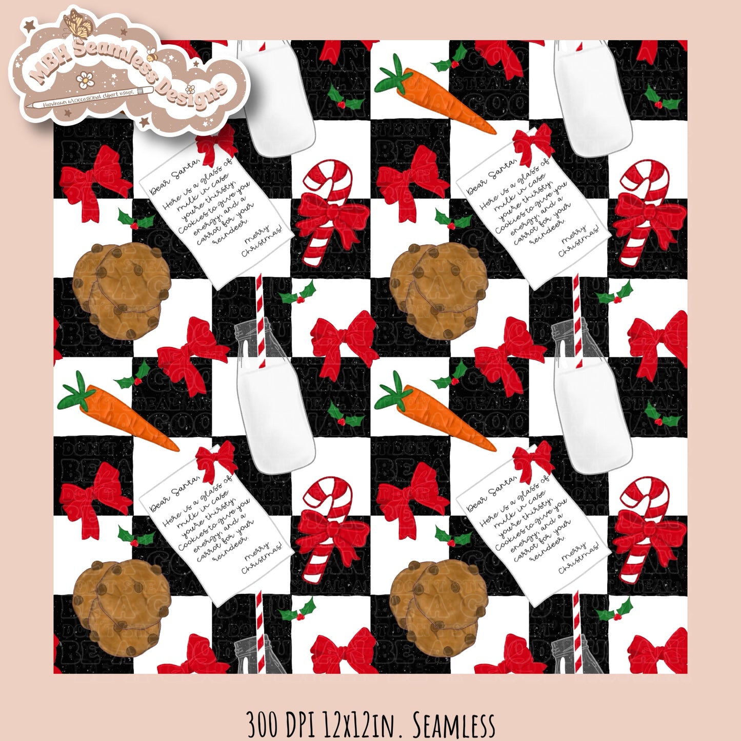 Dear Santa Milk & Cookies Seamless Pattern & PNG MULTIPLE COLORWAYS