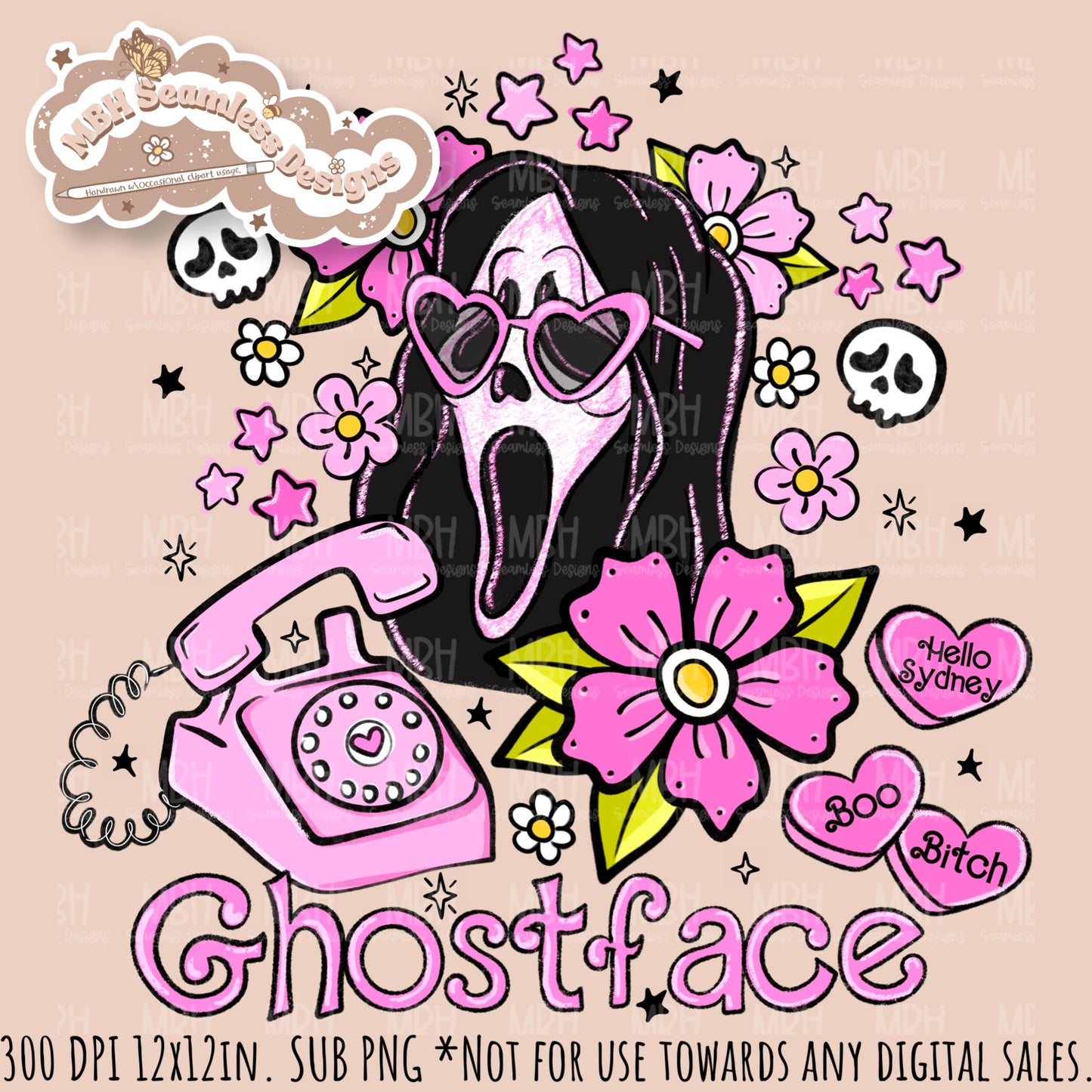 Glitter Tattoo Floral x Ghostface Seamless Pattern // PNG //Multiple Colorway Options