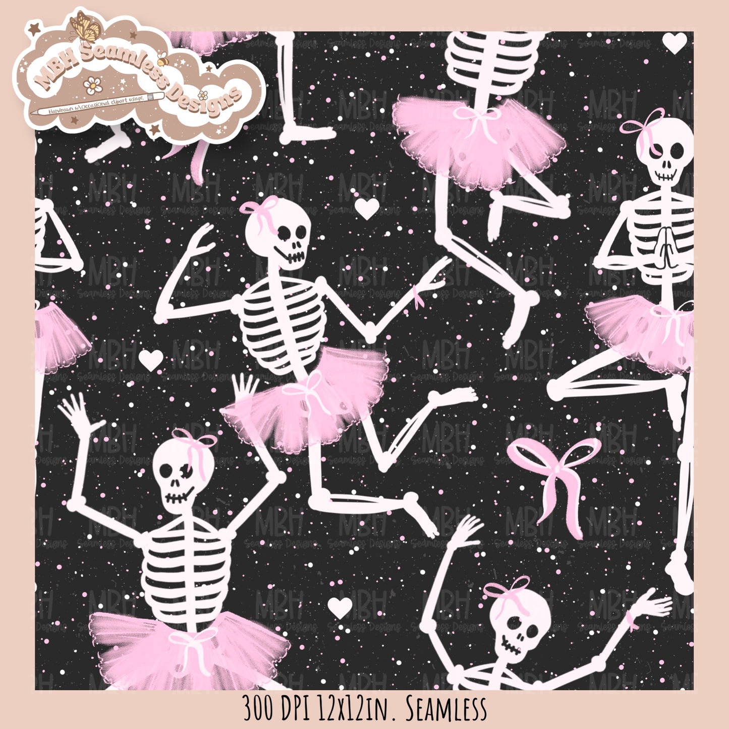 Ballerina Skeletons Seamless Pattern•PNG•Multiple Colorways