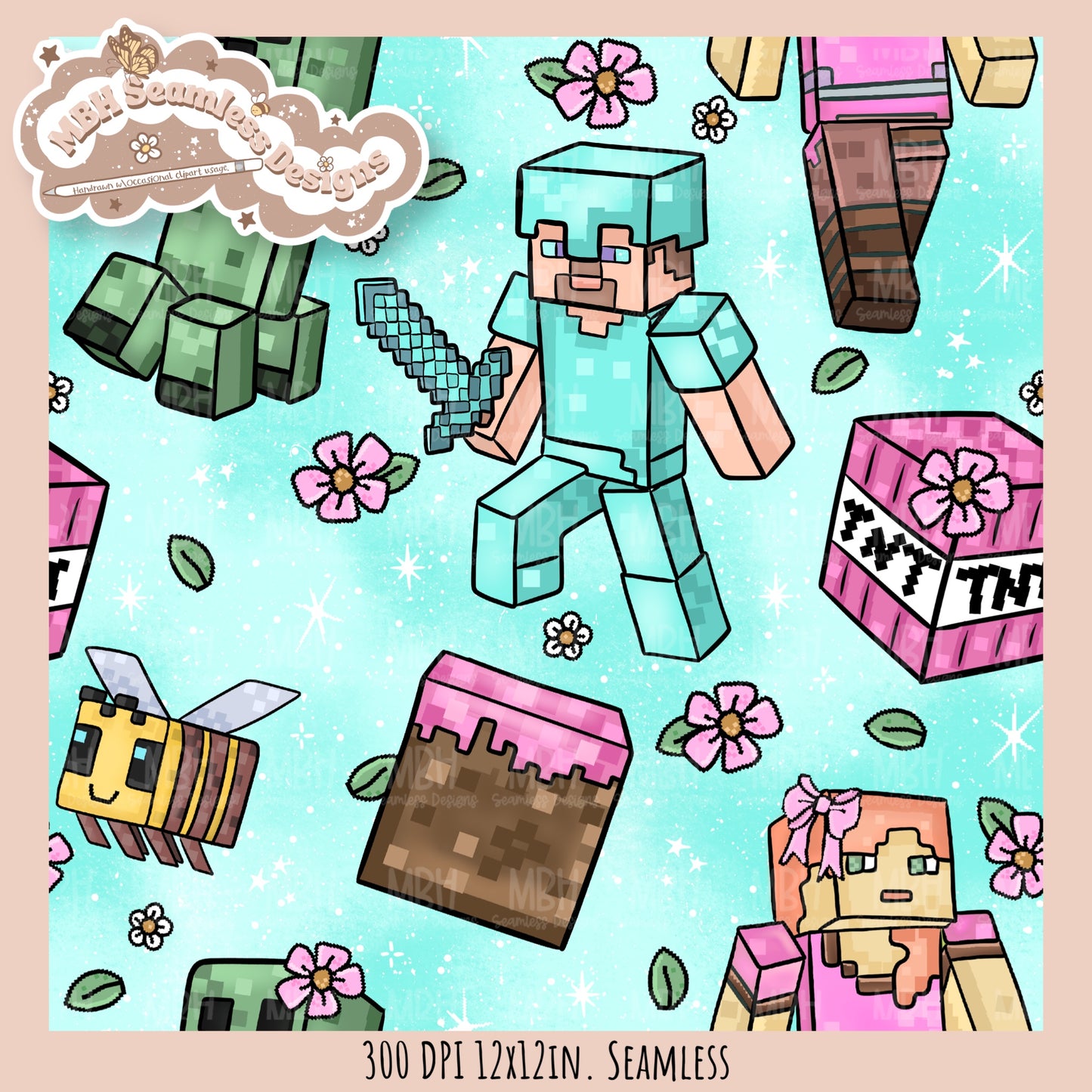 Girly Minecraft Seamless Pattern MULTIPLE COLORWAYS