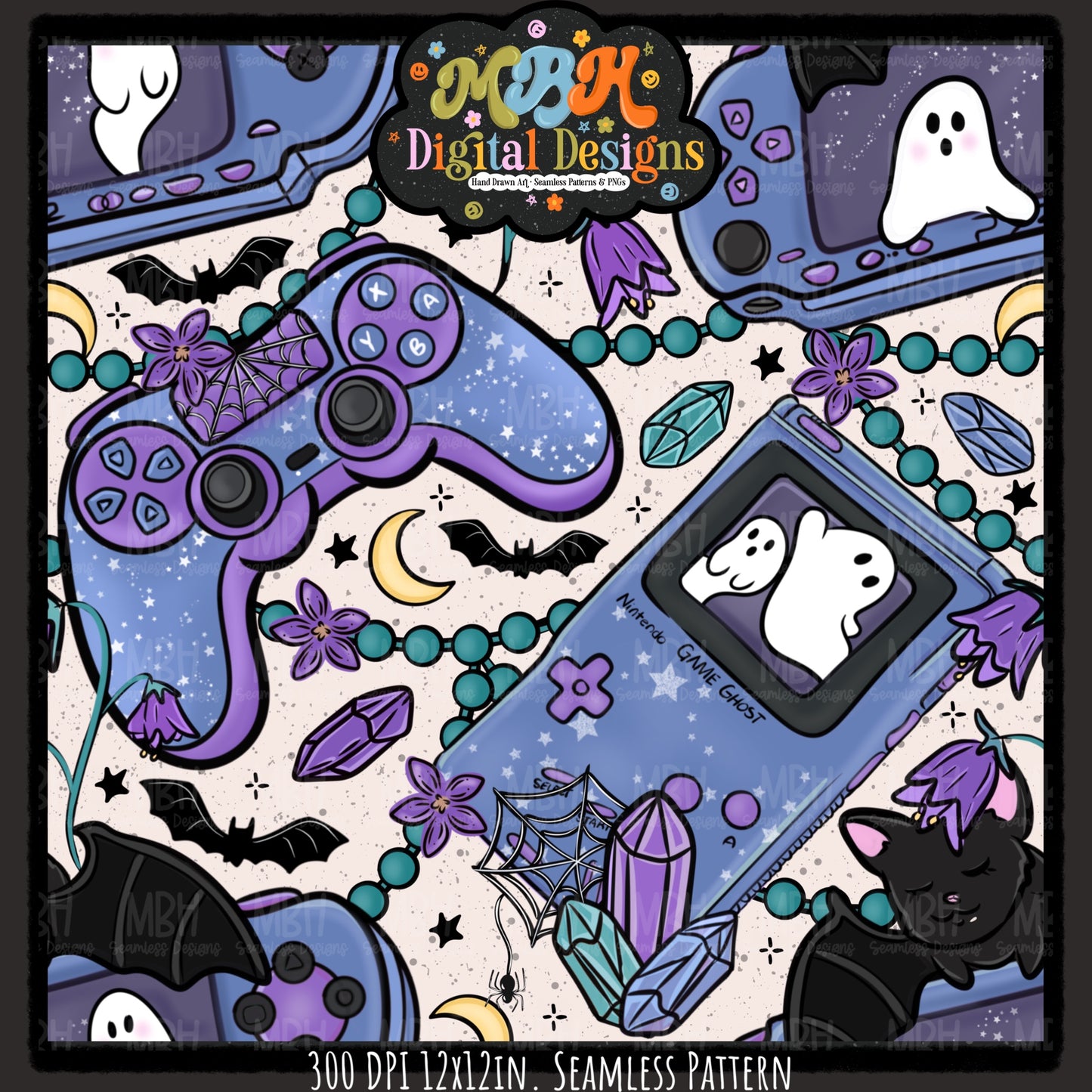 Spooky Gamer Seamless Pattern// PNG// MULTIPLE COLORWAYS