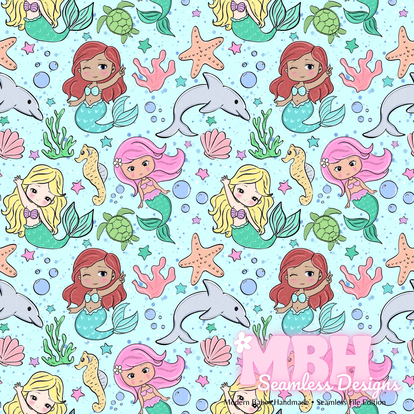 Chibi Mermaids Seamless Pattern MULTIPLE COLORWAYS