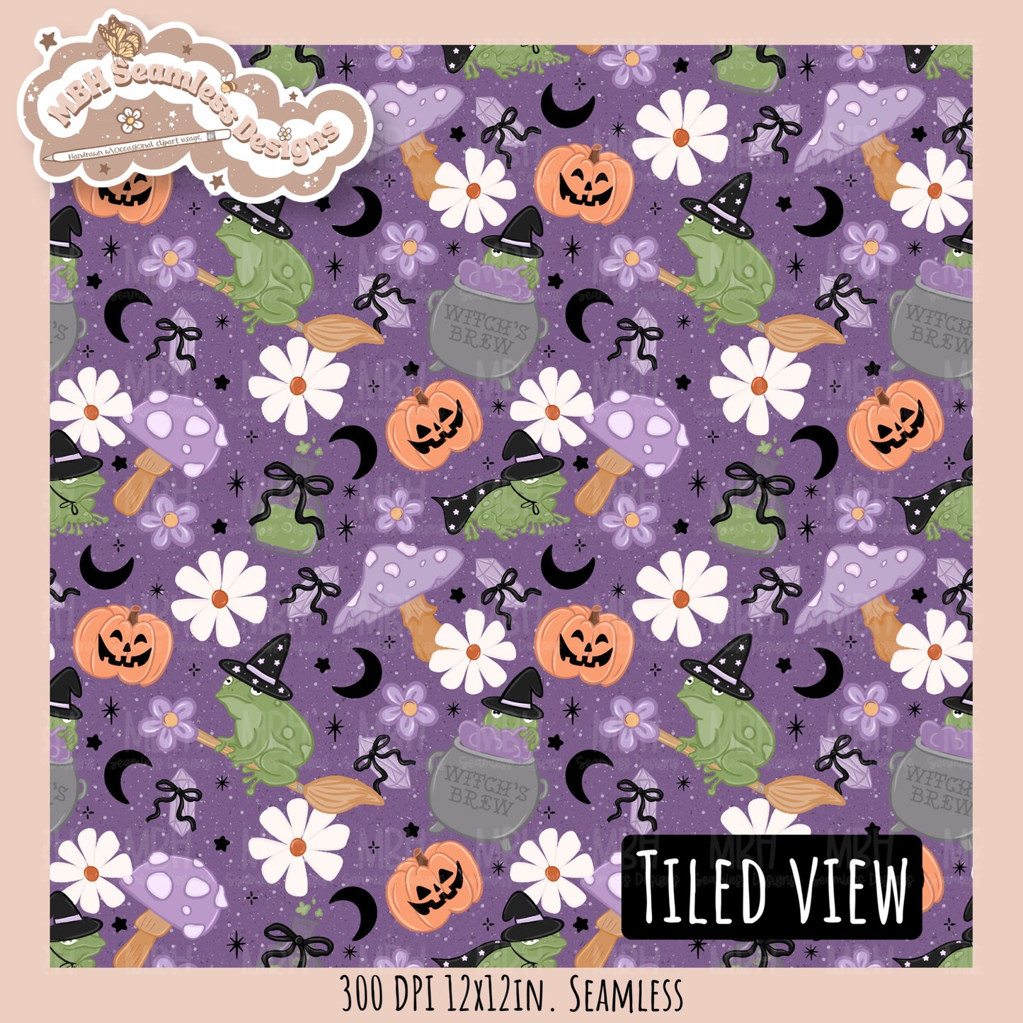 Coquette Witchy Frogs Seamless Pattern•PNG•Multiple Colorways