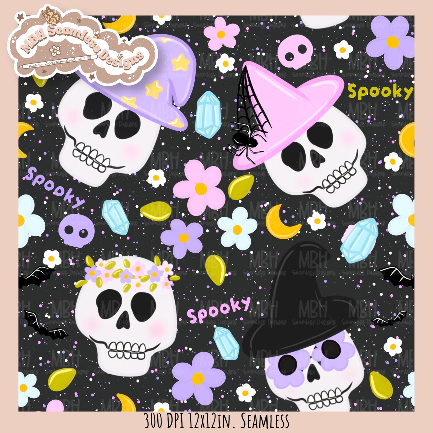 Boho Spooky Skulls Seamless Pattern // PNG // Assorted Colorway Options