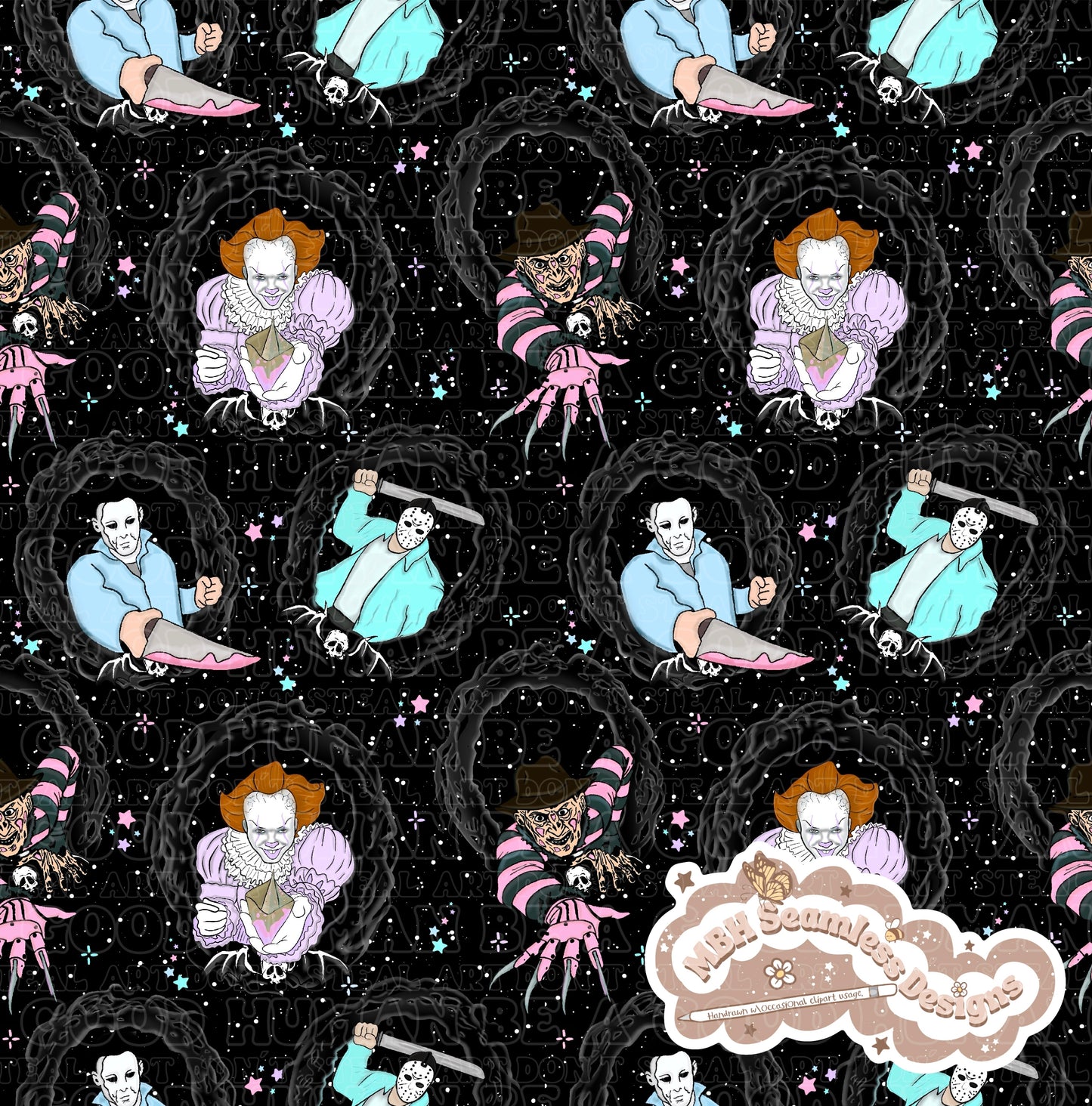 Pastel Horror Mashup Frames Seamless Pattern Multiple Colorways