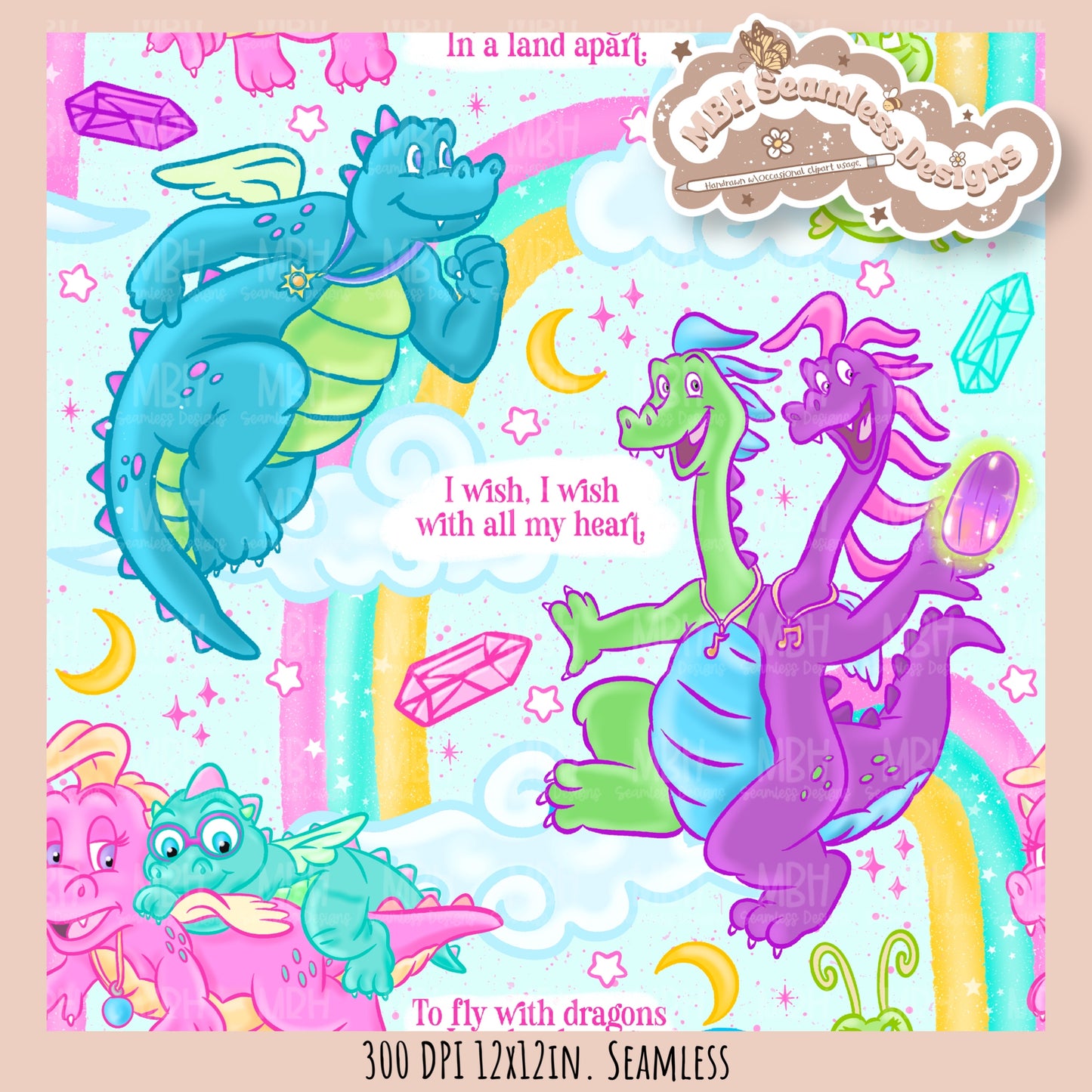Rainbow Dragon Tales Seamless Pattern  // MULTIPLE COLORWAYS // PNG