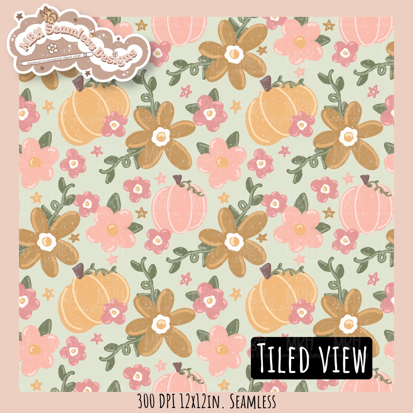 Dusty Fall Floral Pumpkins Seamless Pattern•Multiple Colorways