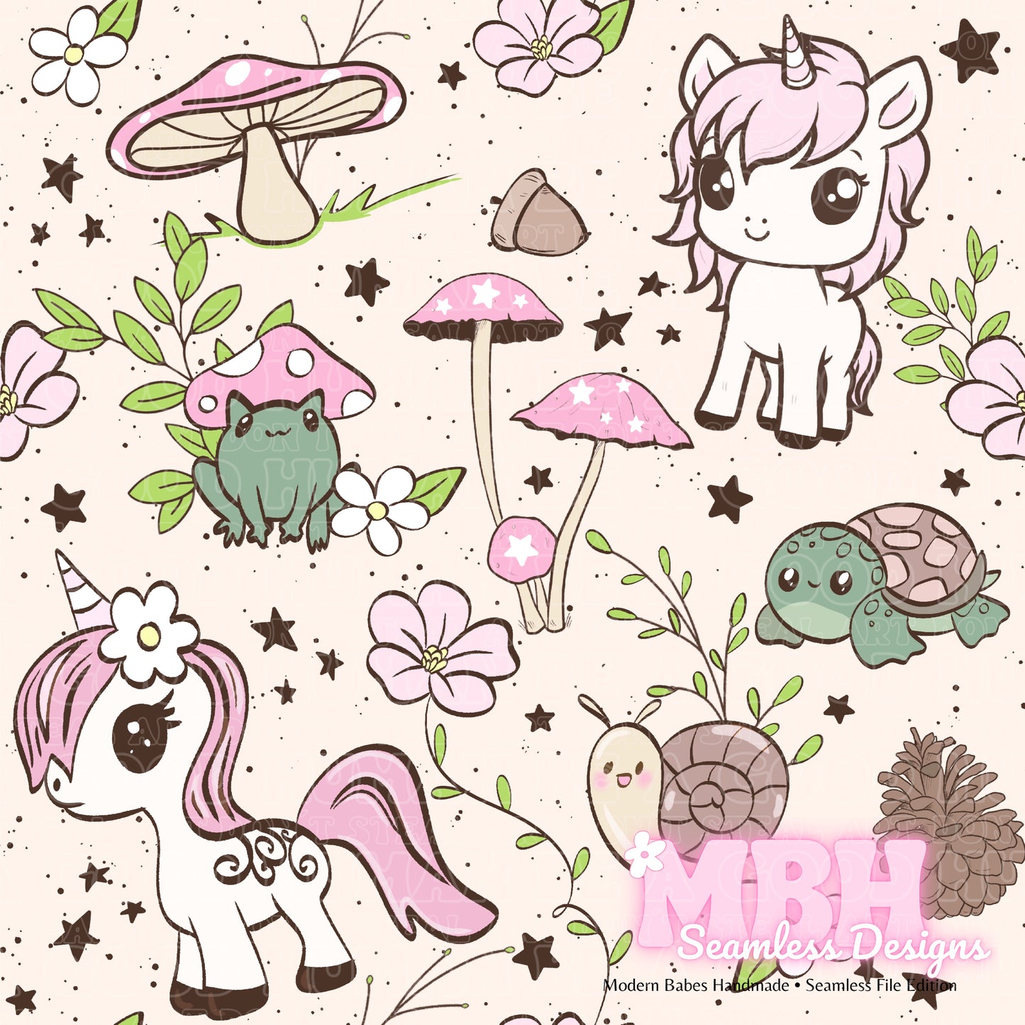 Cottagecore Unicorns Assorted Colorways Seamless Pattern