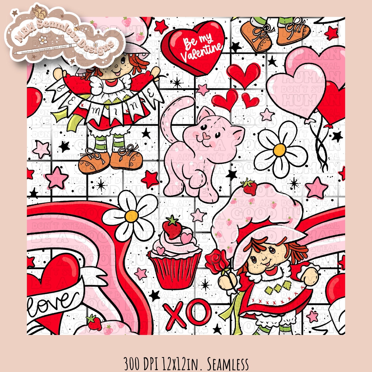 Strawberry Shortcake Valentine Seamless Pattern Multiple Colorways