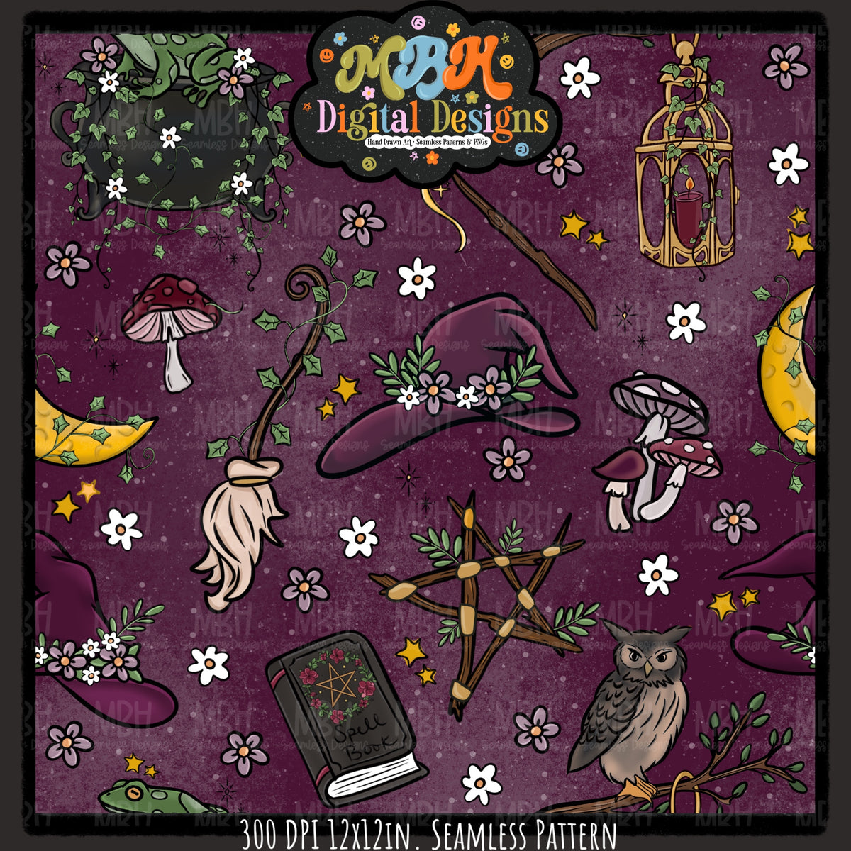 Forest Witch Seamless Pattern// PNG// MULTIPLE COLORWAYS