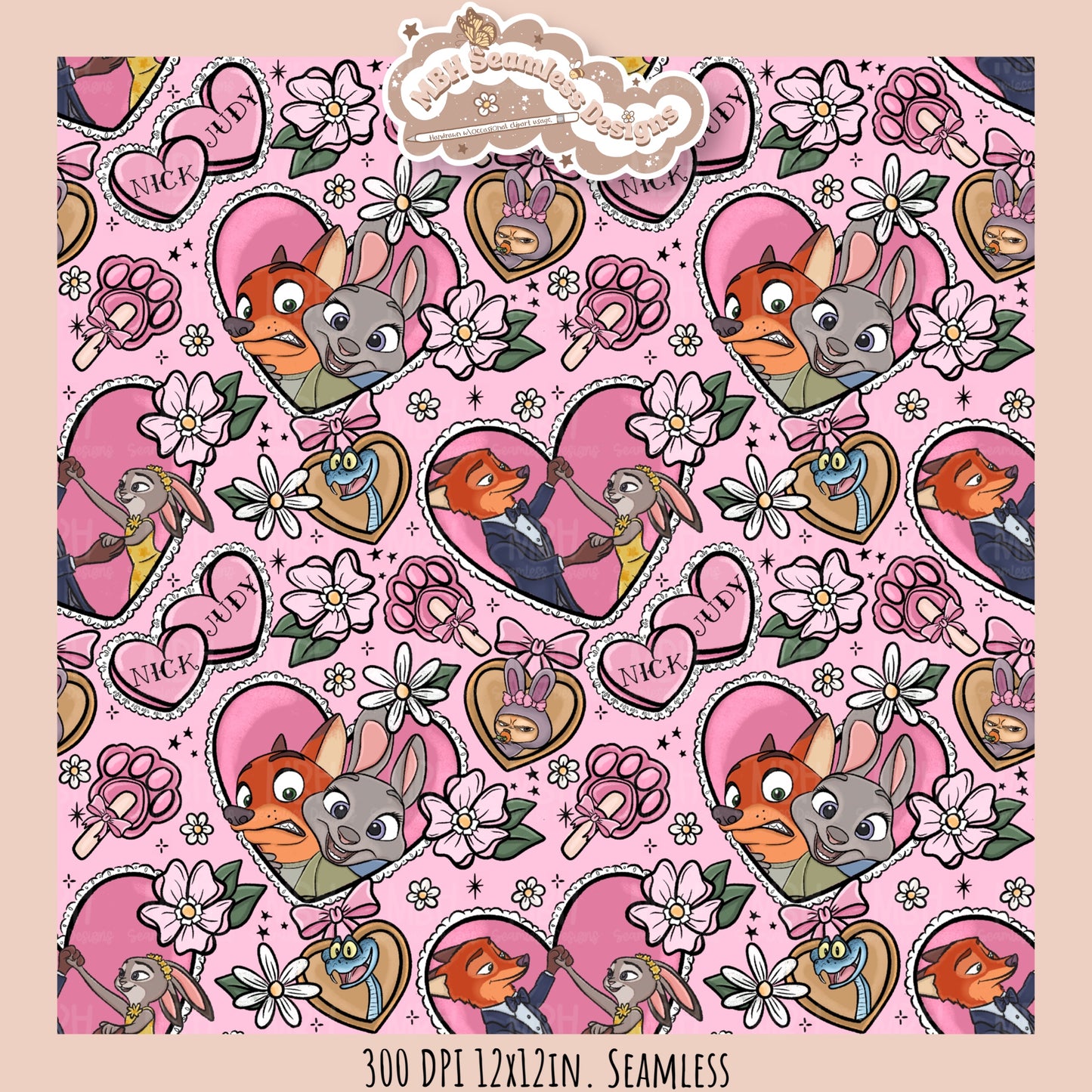 Nick & Judy Romance Seamless Pattern // PNG // Assorted Colorways