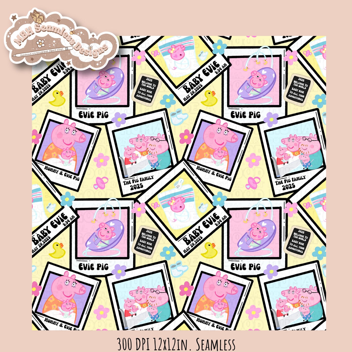 Black Outline Evie Pig Polaroids Seamless Pattern • Multiple Colorway Options