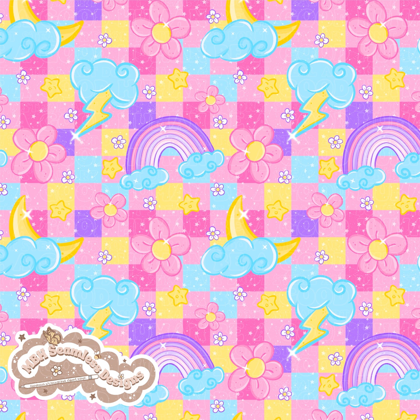 Checkered Starry Floral Rainbow Skies Seamless Pattern MULTIPLE COLORWAYS