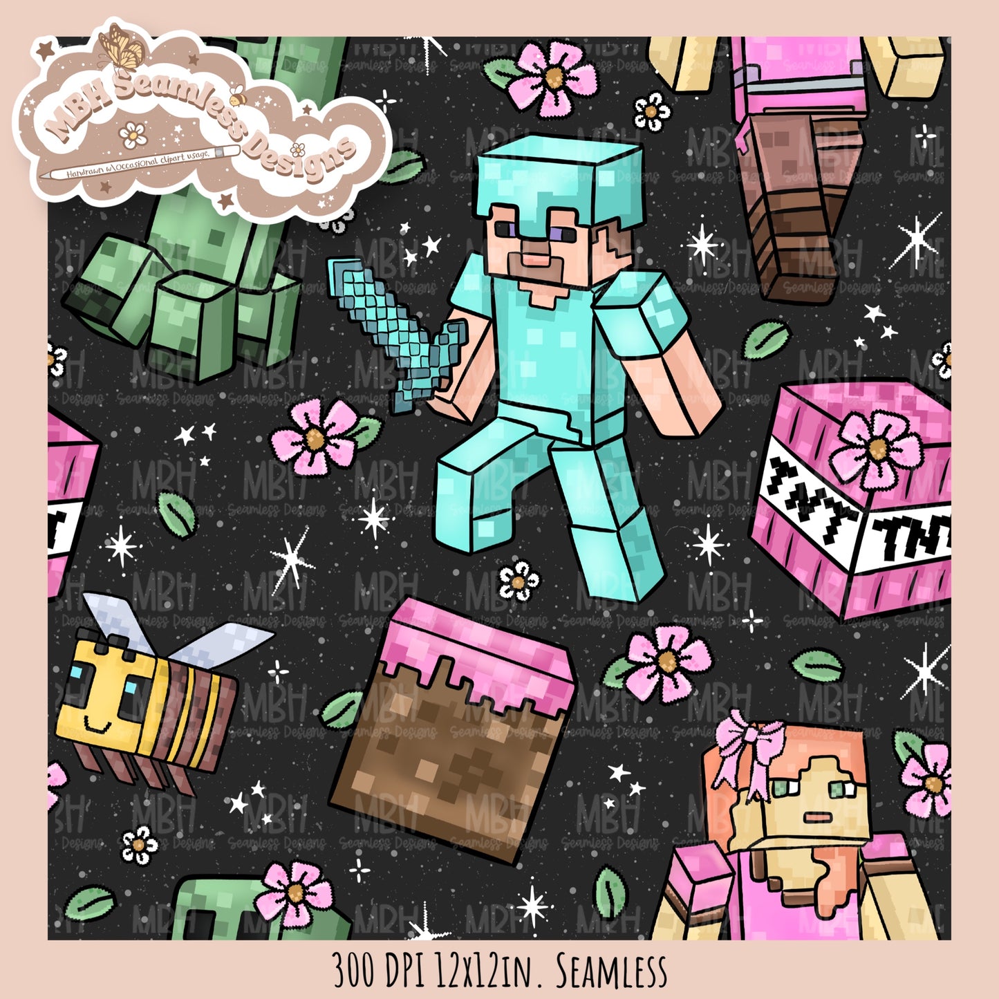 Girly Minecraft Seamless Pattern MULTIPLE COLORWAYS