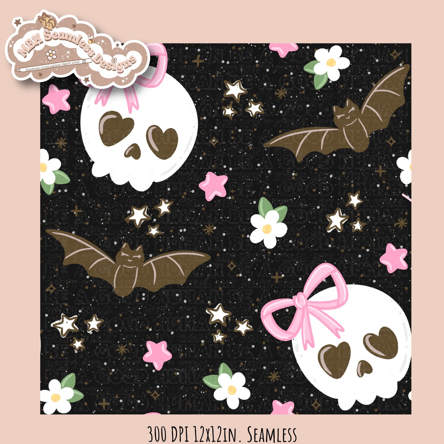 Girly Skulls and Bats Seamless Pattern // Multiple Colorways
