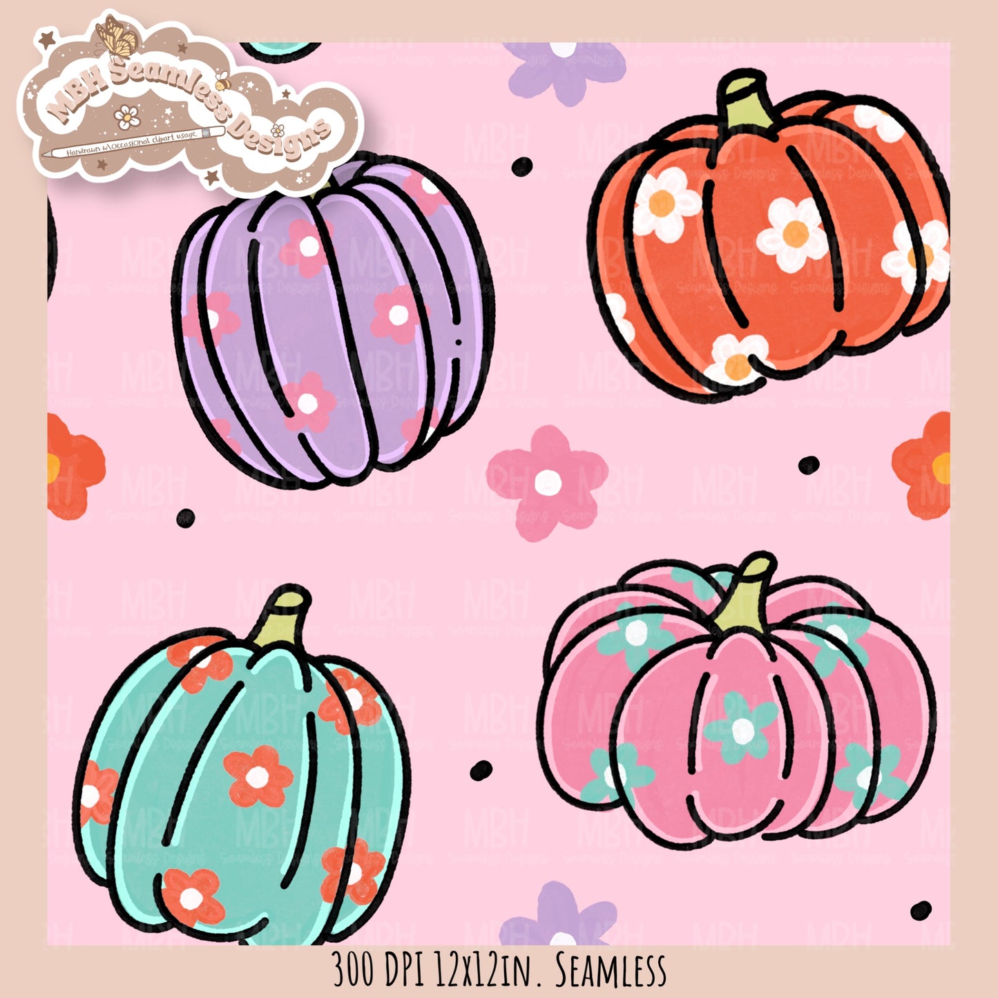 Daisy Pumpkins Seamless Pattern // Assorted Colorway Options