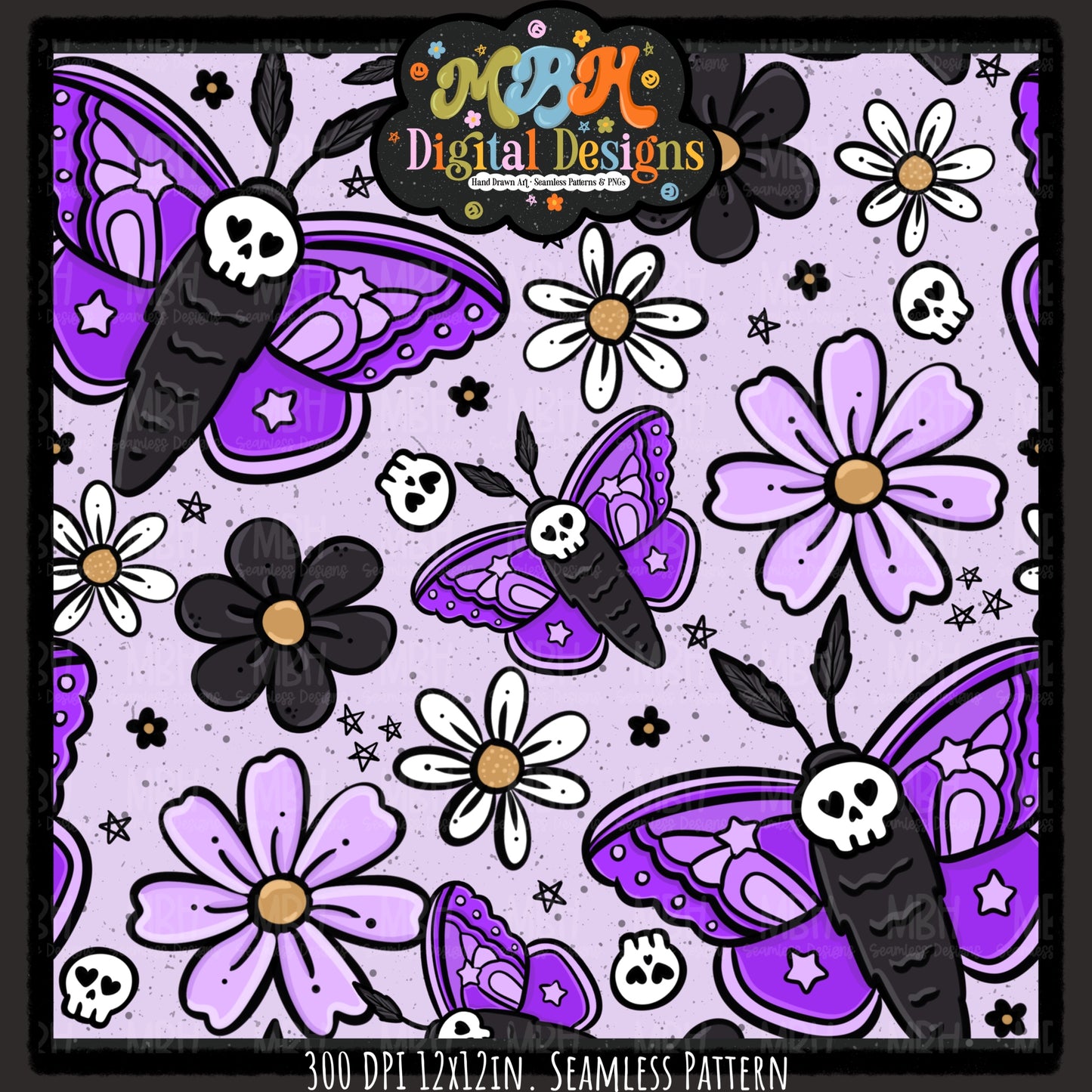 Purple Floral Death Moths Seamless Pattern // PNG // MULTIPLE COLORWAYS