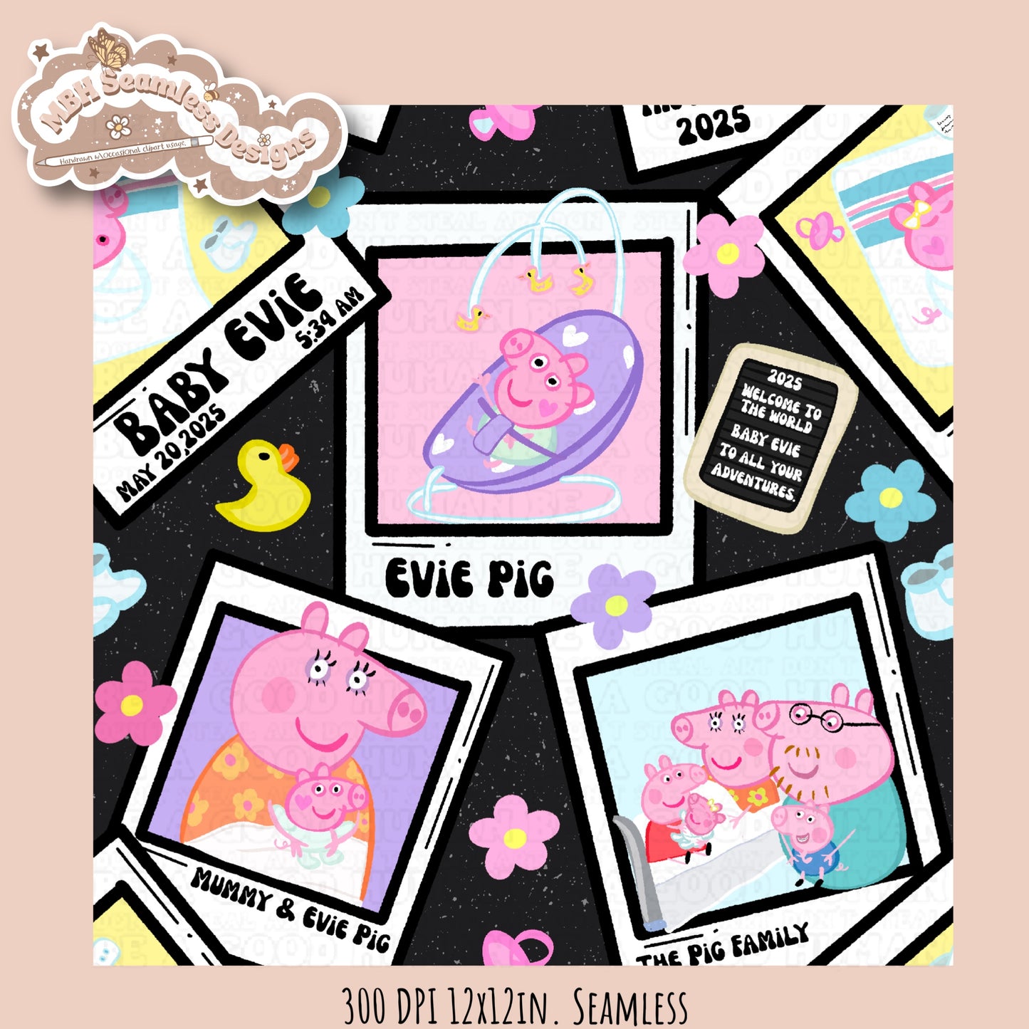 Black Outline Evie Pig Polaroids Seamless Pattern • Multiple Colorway Options