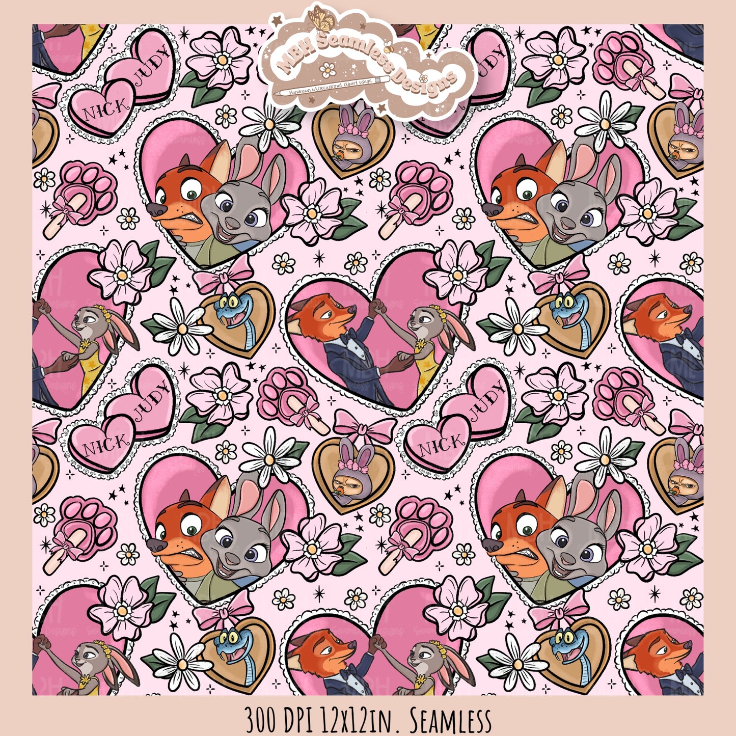 Nick & Judy Romance Seamless Pattern // PNG // Assorted Colorways