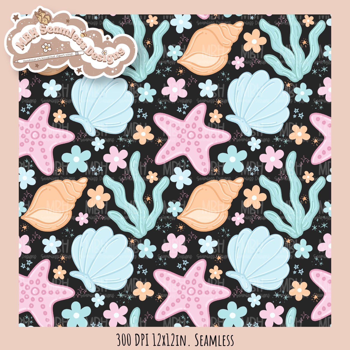 Pastel Seashells & Daisies Seamless Pattern MULTIPLE COLORWAYS