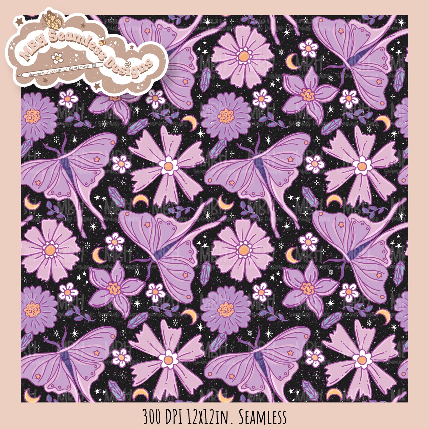 Starry Night Floral Luna Moths Seamless Pattern // PNG//  MULTIPLE COLORWAYS