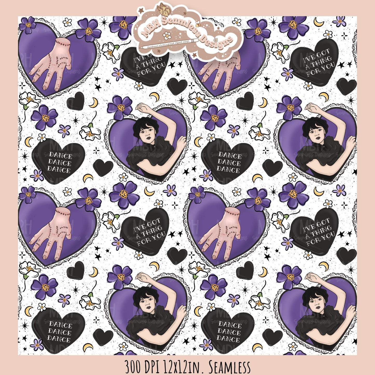 Wednesday Purple Tattoo Hearts Seamless Pattern // PNG // Assorted Colorways