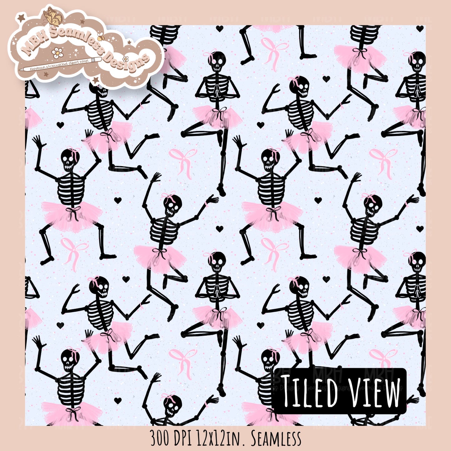 Ballerina Skeletons Seamless Pattern•PNG•Multiple Colorways