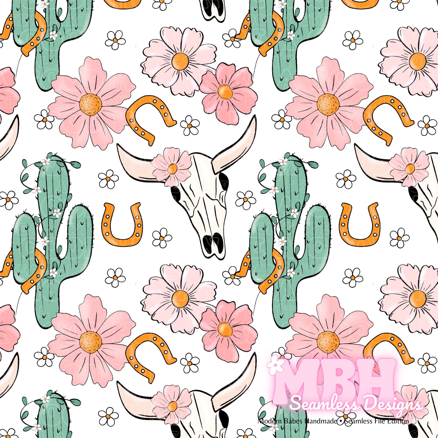 Boho Cactus Floral Cow Skull Seamless Pattern