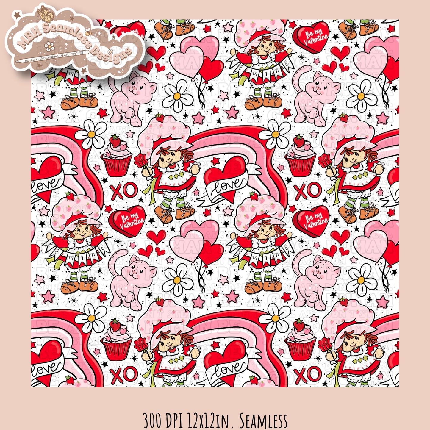 Strawberry Shortcake Valentine Seamless Pattern Multiple Colorways