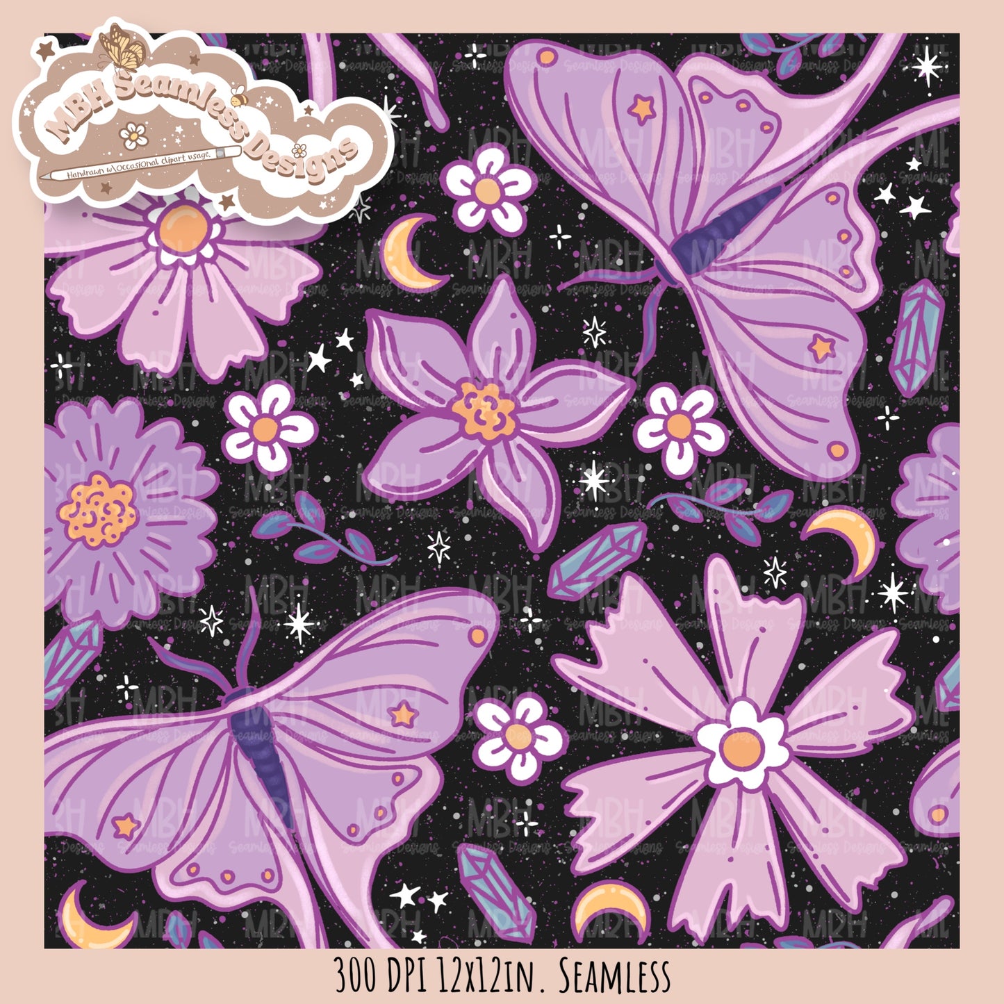 Starry Night Floral Luna Moths Seamless Pattern // PNG//  MULTIPLE COLORWAYS