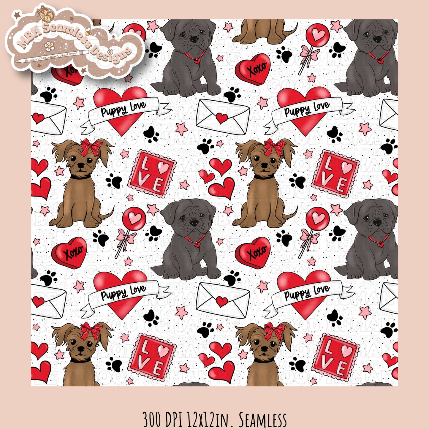 Puppy Love Valentine Seamless Pattern Multiple Colorway Options