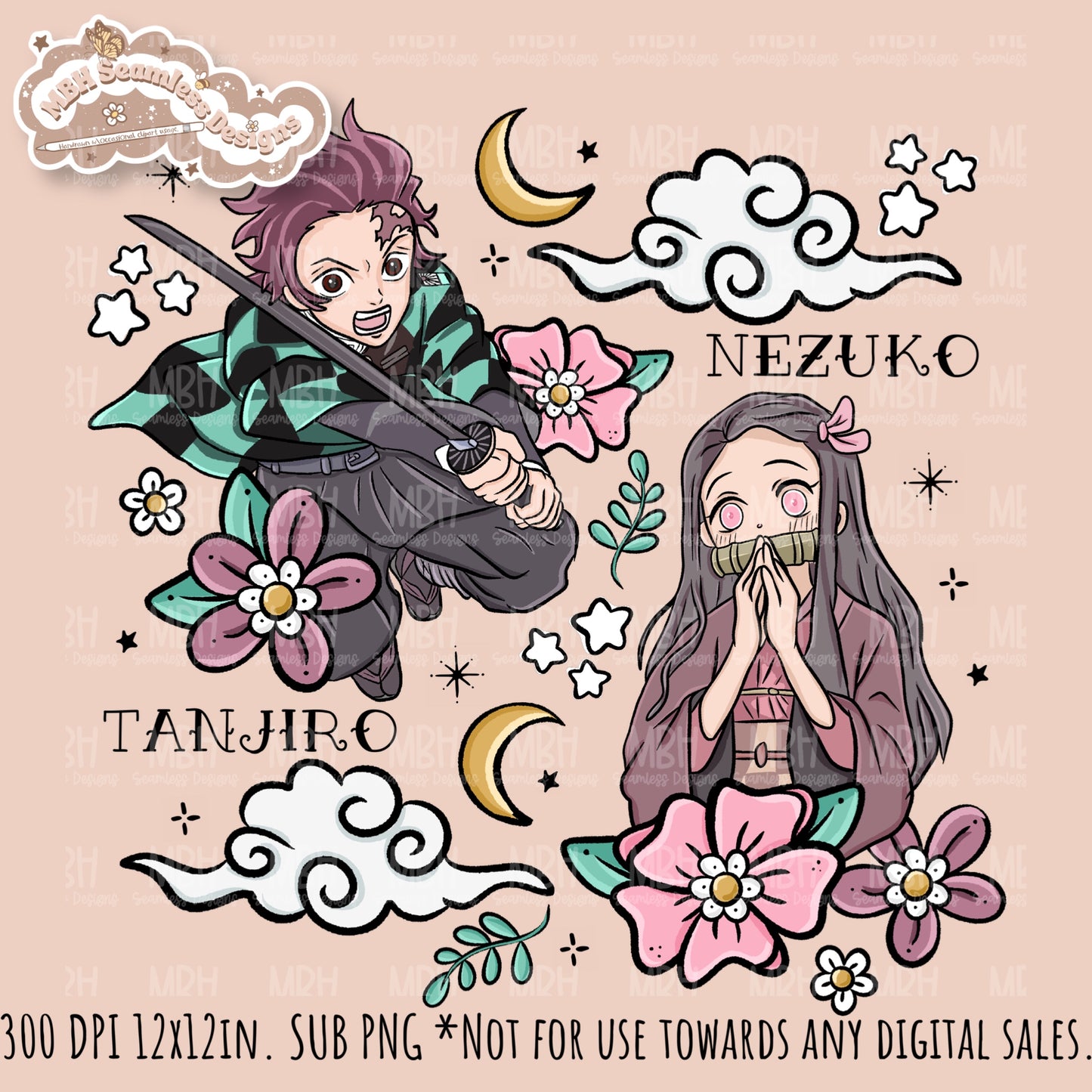 Tanjiro Nezuko Quote Floral Seamless Pattern // PNG // MULTIPLE COLORWAY OPTIONS