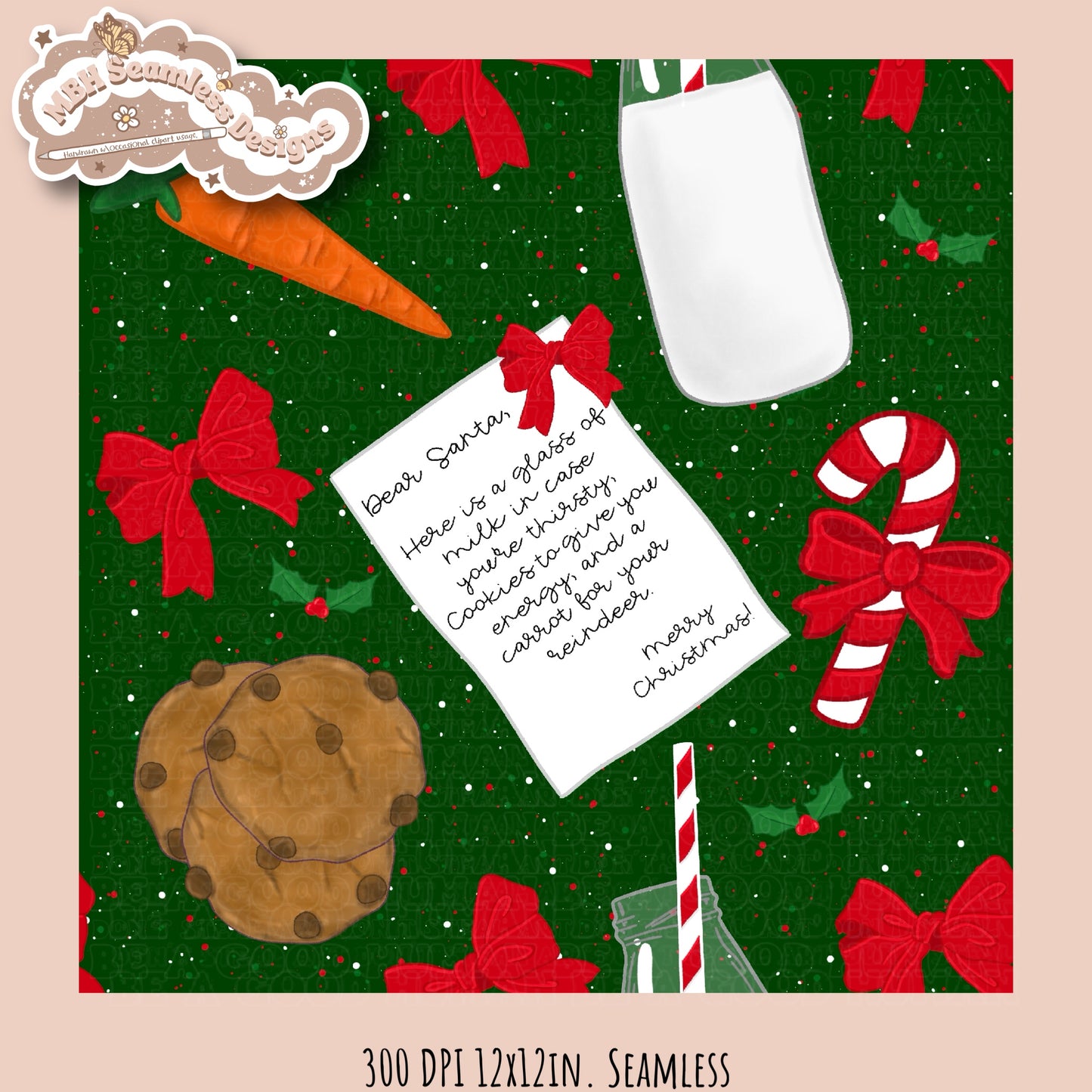 Dear Santa Milk & Cookies Seamless Pattern & PNG MULTIPLE COLORWAYS