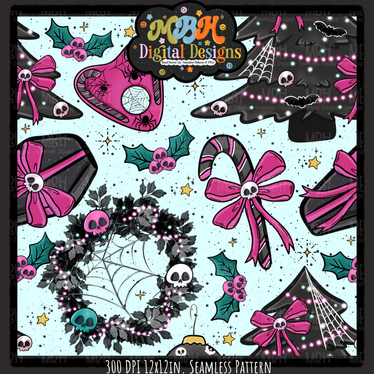Creepy Christmas Skulls Seamless Pattern // PNG // MULTIPLE COLORWAYS