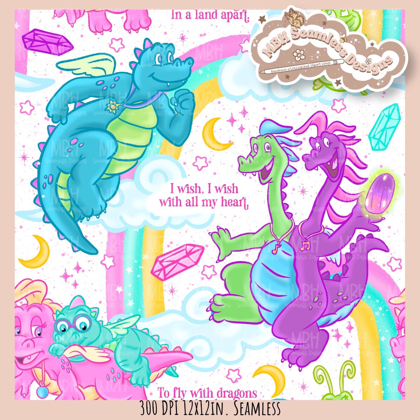 Rainbow Dragon Tales Seamless Pattern  // MULTIPLE COLORWAYS // PNG