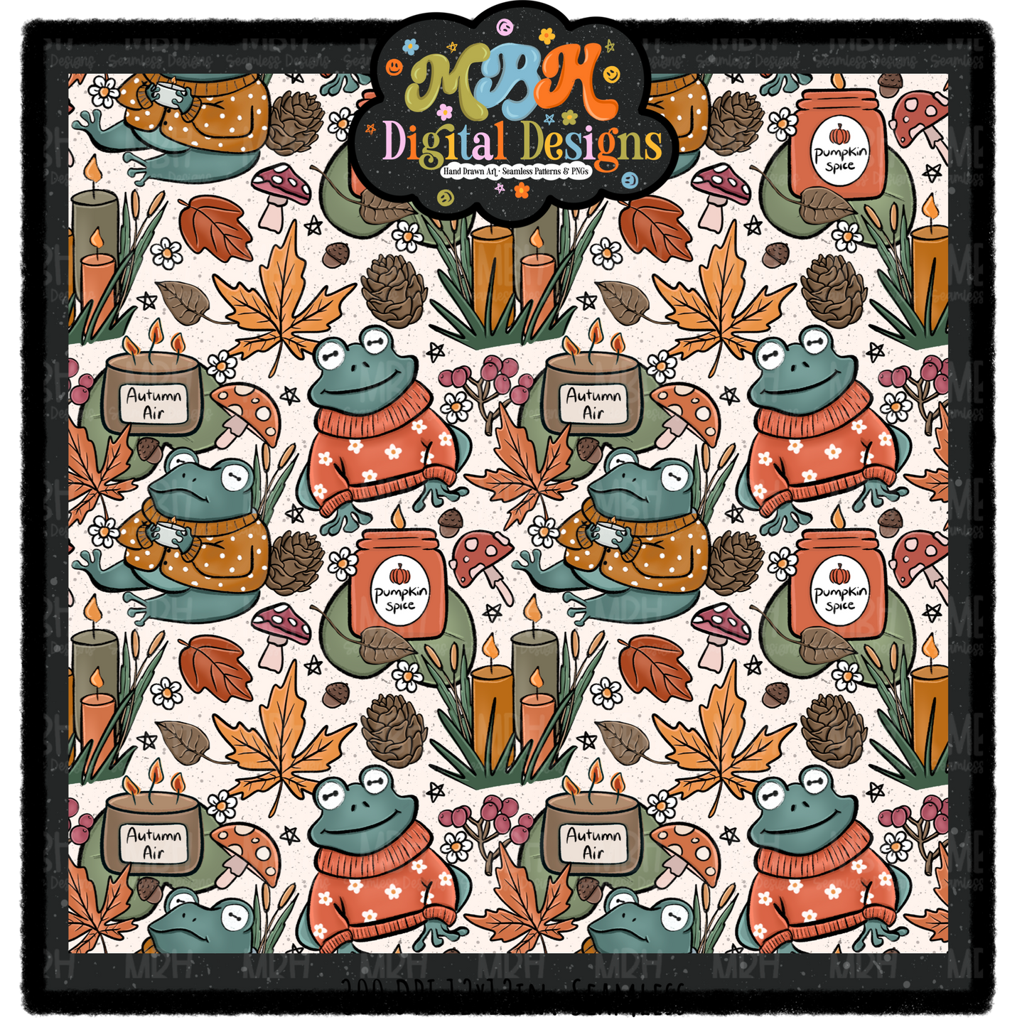 Cozy Fall Frogs Seamless Pattern // PNG // MULTIPLE COLORWAYS
