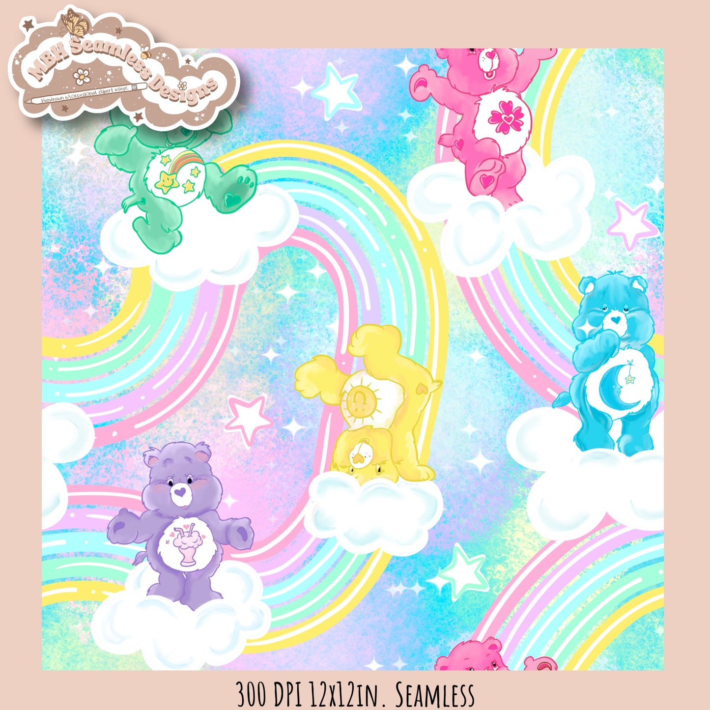 LIMITED EXCLUSIVE (NO FABRIC SHOPS) Rainbow Pastel Tie Dye Care Bears Seamless Pattern