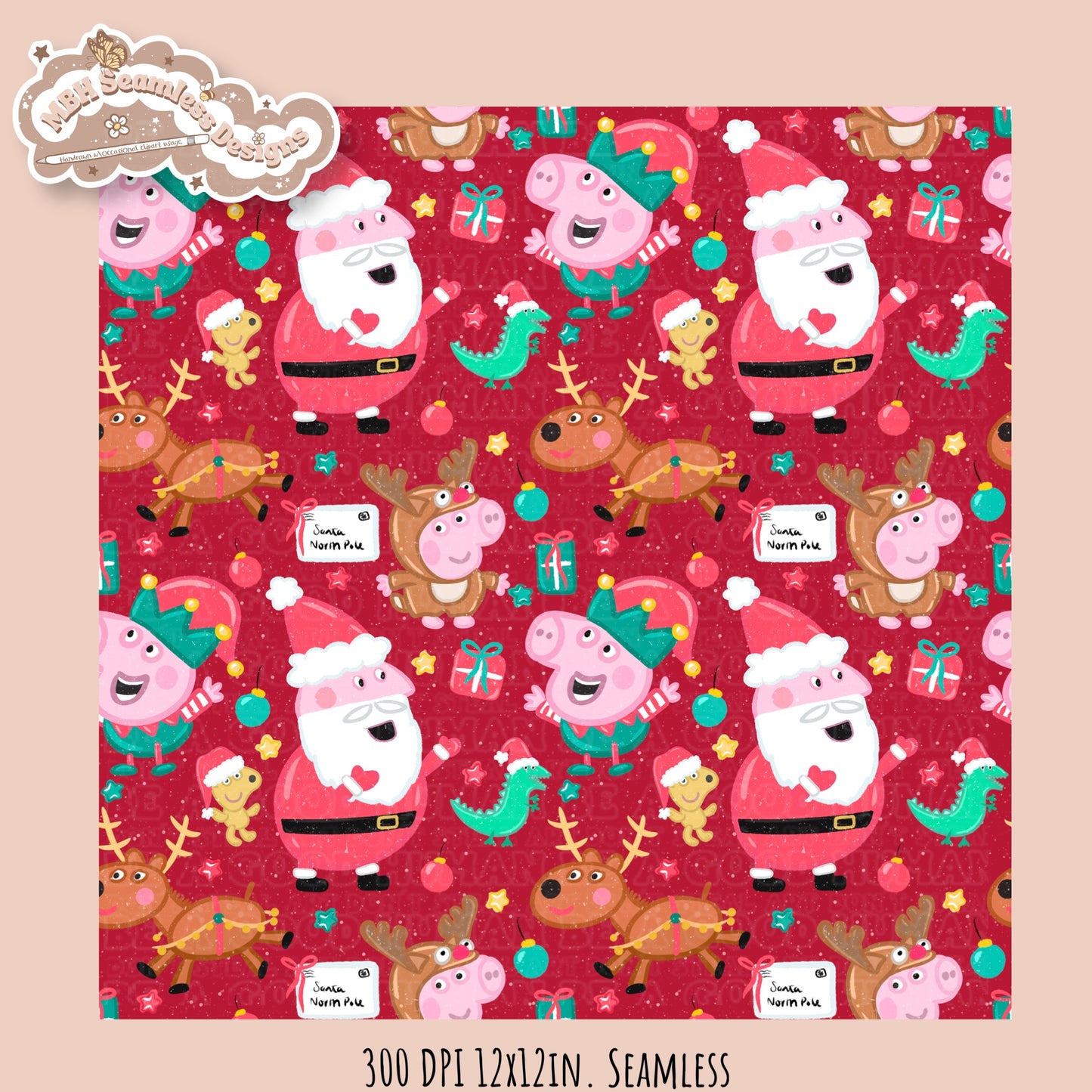 Peppa Christmas Seamless Pattern // PNG // Assorted Colorways