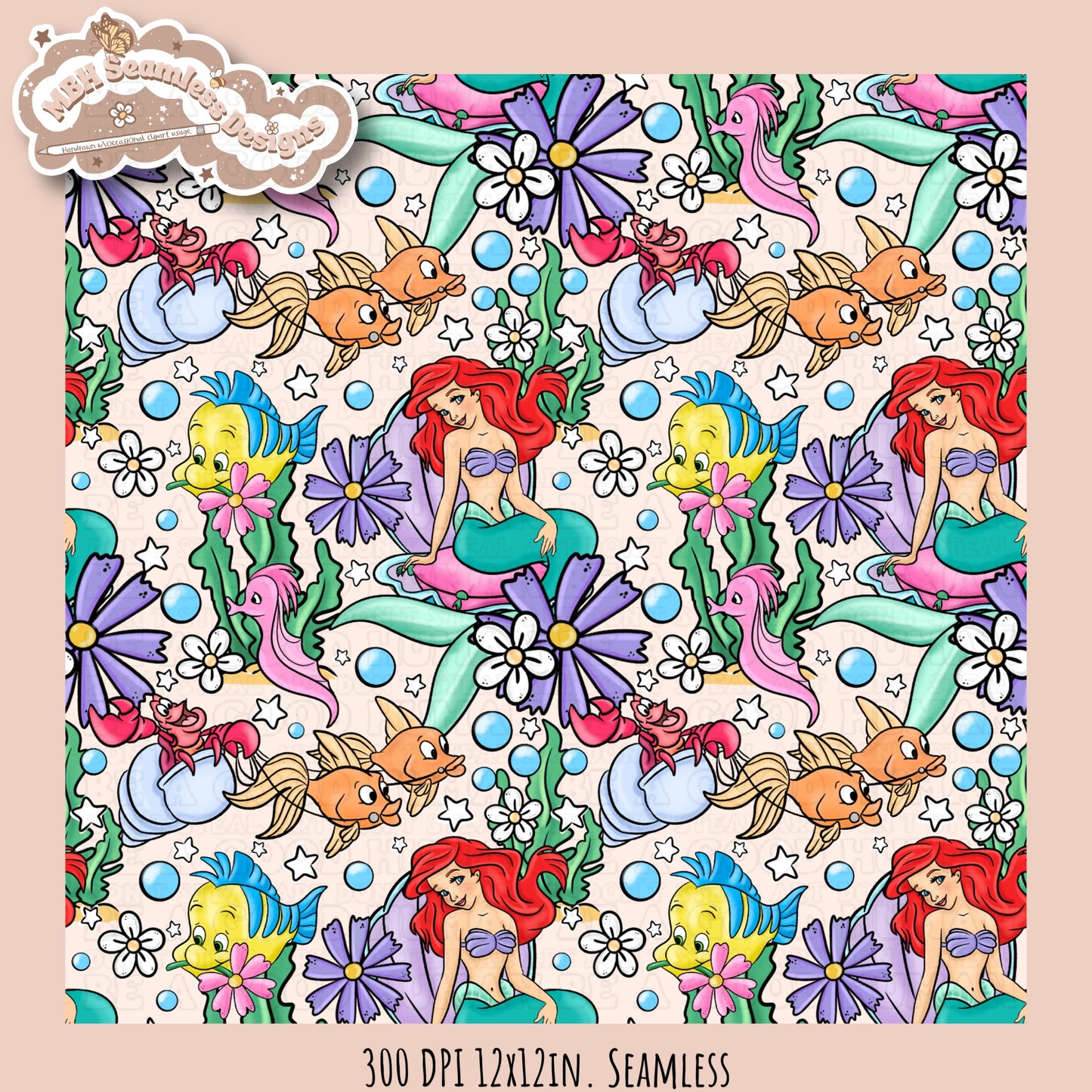 Little Mermaid Floral Seamless Pattern & PNG • MULTIPLE COLORWAY OPTIONS