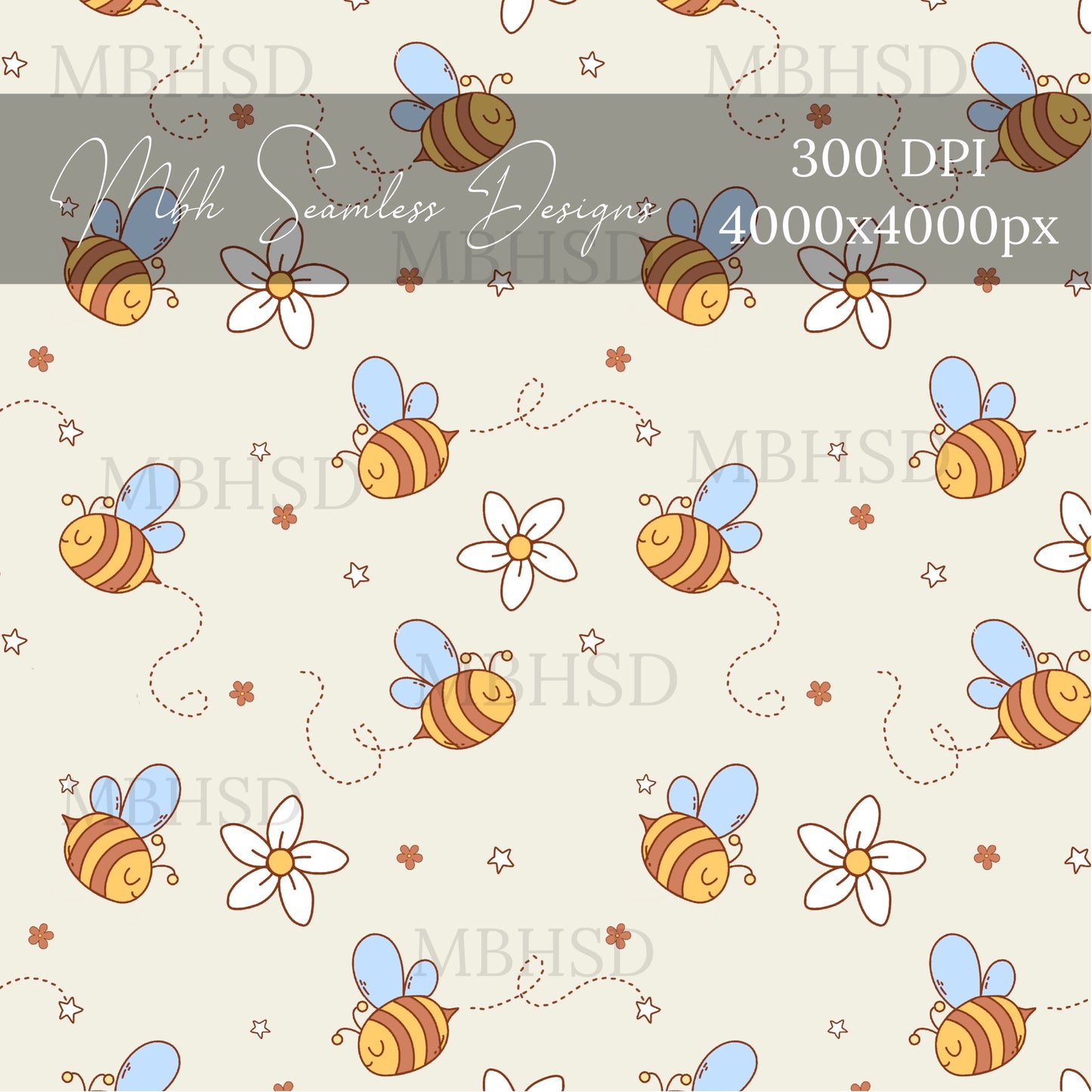 Boho Bumble Bees Seamless Pattern