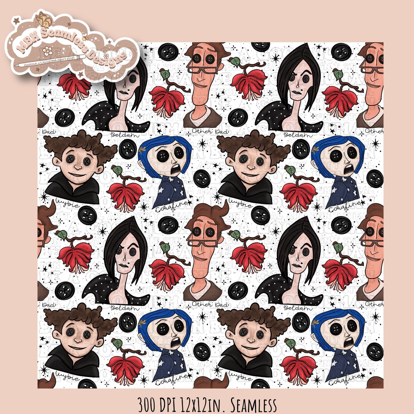 Bleeding Hearts Button Eyes Seamless Pattern Multiple Colorway Options