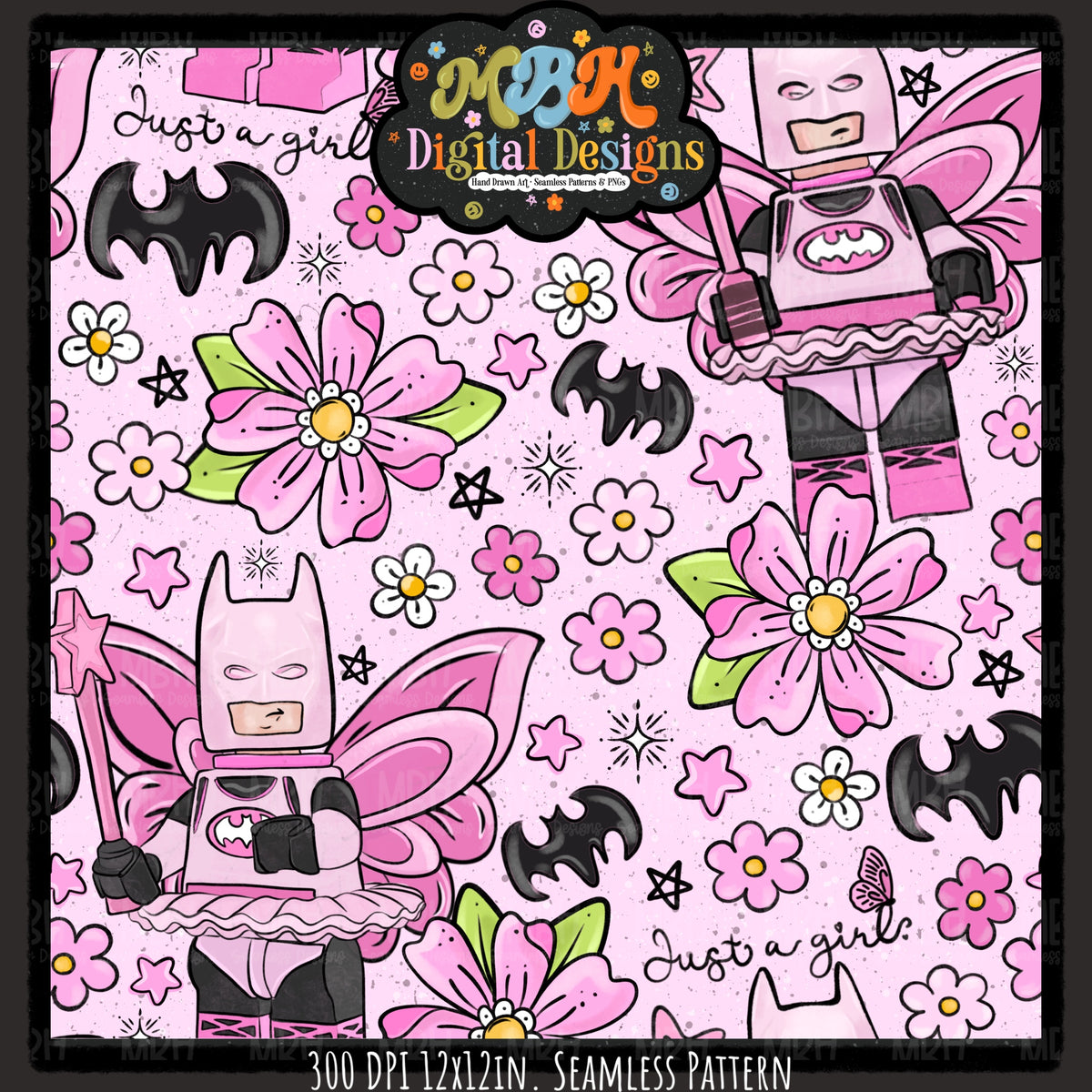 Floral Batgirl Seamless Pattern // PNG // MULTIPLE COLORWAYS