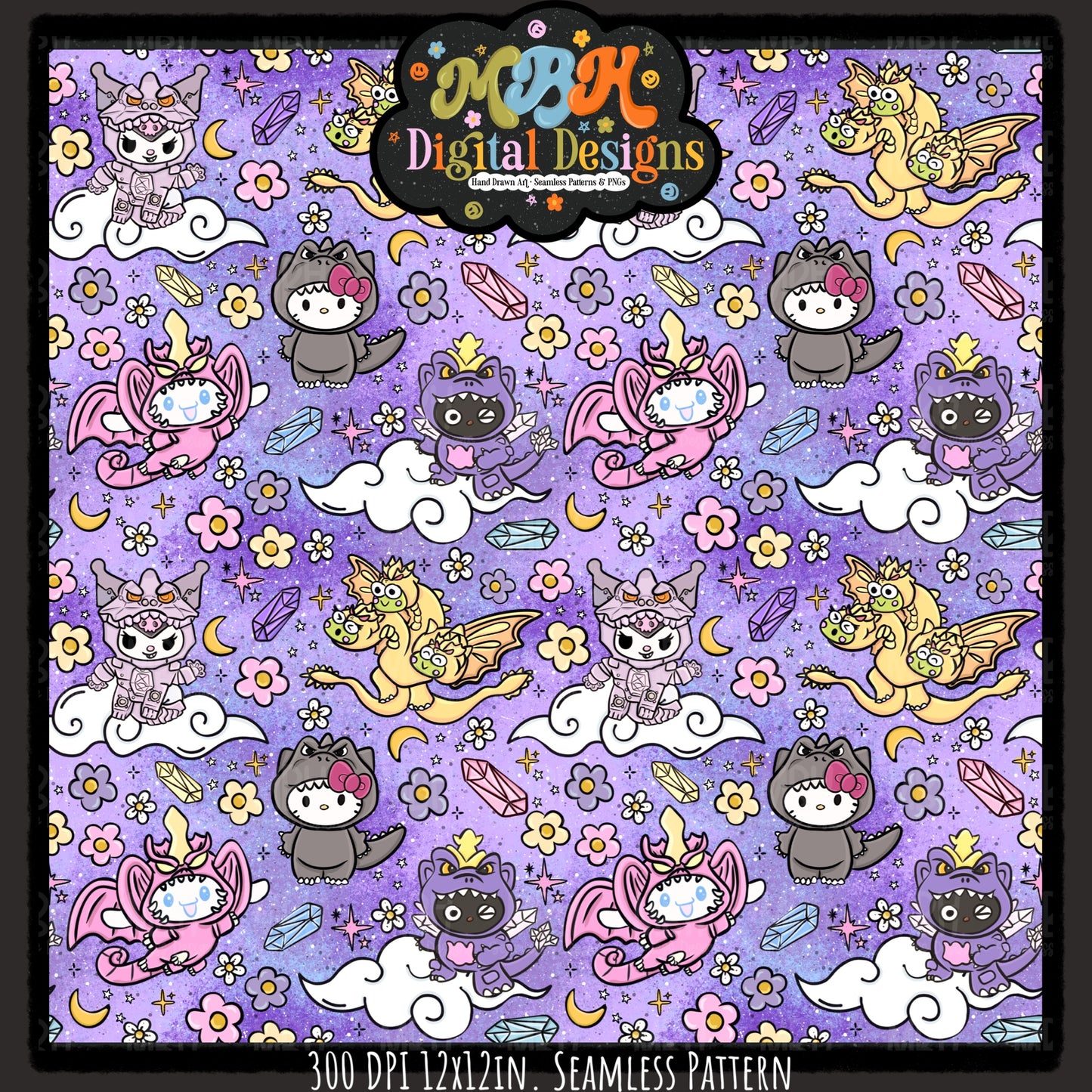 Kitty X Godzilla Seamless Pattern MULTIPLE COLORWAYS // PNG